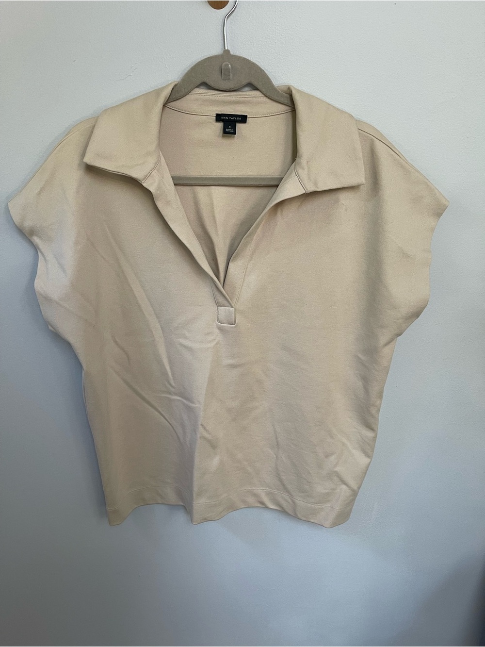 Ann Taylor Beige Collared Short-Sleeve Tunic Top